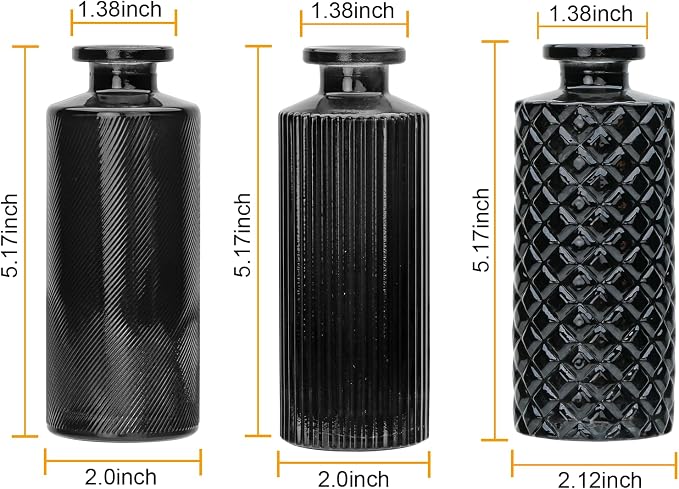 Glass Bud Vase Set in Bulk, 9pcs Mini Vintage Flower Vases for Wedding,Black Relief Vase for Centerpieces,Home Table Flower Decor, Party Decorations