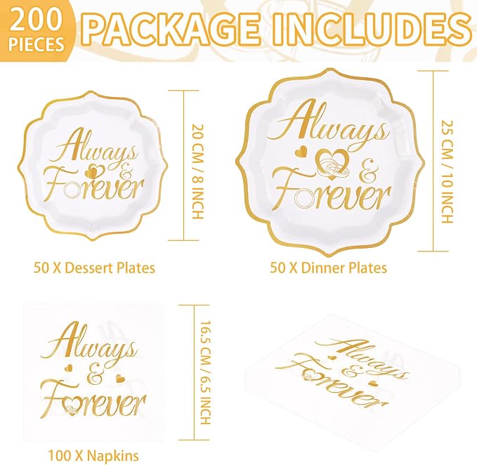 200Pcs Always and Forever Wedding Plates and Napkins White and Gold Scalloped Disposable Tableware Set for Wedding Bridal Shower Bachelorette Hen Party Supplies Serves 50