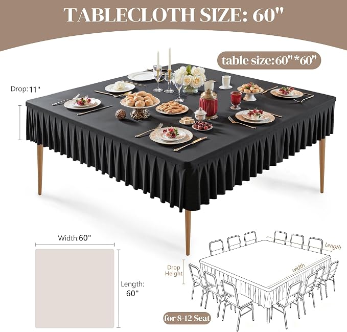 Wish Care 2 Pack Black Spandex Tablecloths for 60x60 Inch Square Tables, Stretch Fitted Table Clothes with Pleated Ruffle Skirt for 60” Table, Wrinkle Free and Elastic, for Party Kitchen Home Dining
