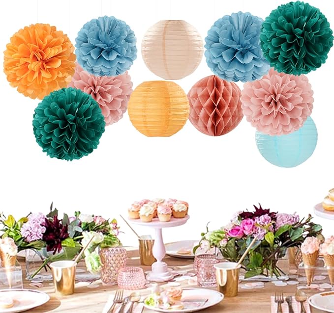 Dusty-Blue Orange Teal Party-Decorations Paper-Flowers - 15pcs Fall Rose Gold Blush Pink Birthday Baby Bridal Shower Tissue Pom Poms Lanterns Streamers,Wedding Bachelorette Hanging Supplies Hugfond