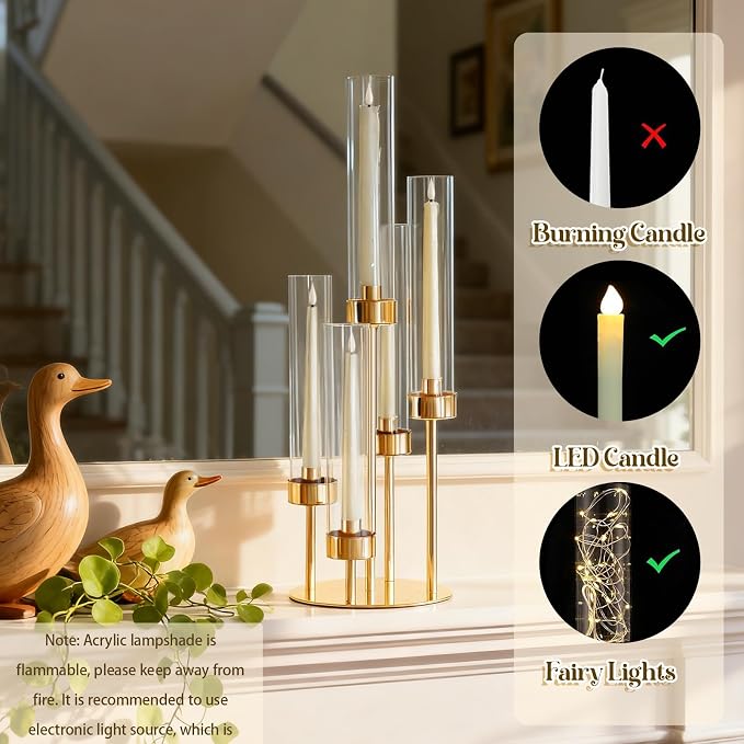 5-Arm Black Metal Table Candelabra Centerpiece, 22" Tall Clear Candlesticks Holder with Shade for Valentines Day Events Party Table Centerpiece,Fit LED Candles (2, Gold, S-22 in)