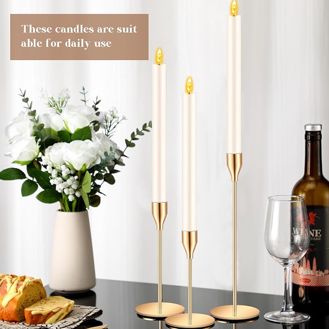 FillTouch 30 Pcs Gold Candlestick Holders with Flameless LED Candles Bulk Includes 15 Metal Candle Holders 15 Ivory Battery Operated Taper Candles for Wedding Valentines Table Centerpieces Home Decor