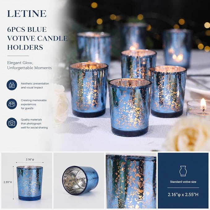 LETINE 6pcs Blue Votive Candle Holders – Standard Votive Size for Regular Votive Candles– Tea Light Candles Holder, Candle Holder for Summer Weddings, Waterfront Venues, Home Decor