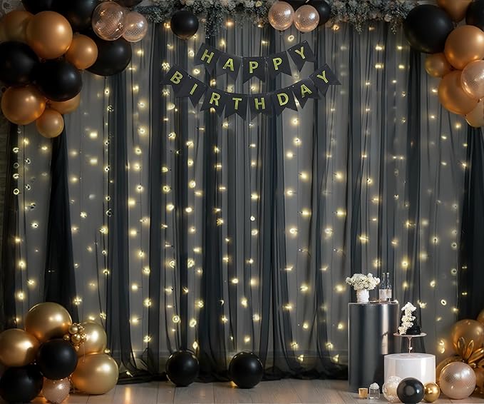 10×15ft Black Sheer Backdrop Curtains with Lights String for Parties Birthday Black Tulle Backdrop Curtain for Baby Shower Wedding Graduation Halloween Party Photo Shoot Decorations 2 Panels 5×15ft