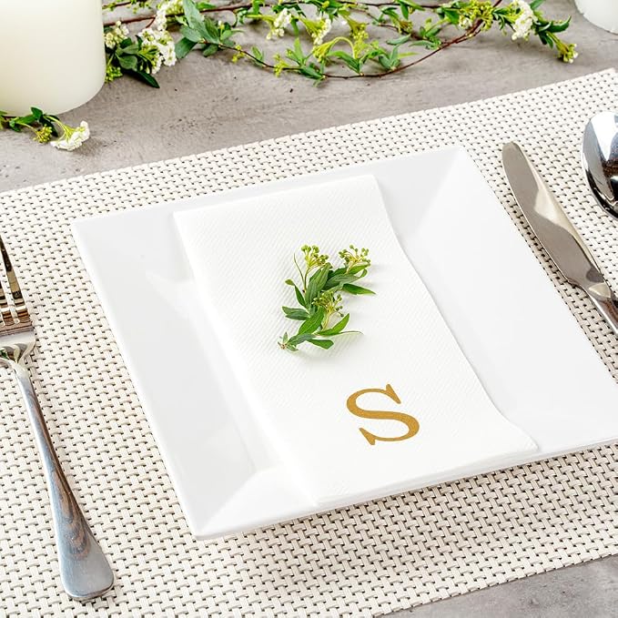 Luxenap 15.8 X 7.9 Inch Linen-Feel Guest Towels, 50 Lettered Hand Towels - Gold Letter 'S', Sans Serif Font, White Paper Dinner Napkins, airlaid, For Restrooms And Tables