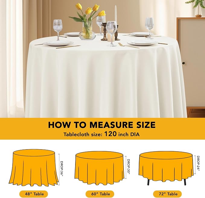 6-Pack Ivory Round Tablecloths, 120 Inches, Stain-Resistant Polyester for 5-6 Ft Round Tables - Washable Table Covers for Weddings, Banquets, Birthday Parties, Events