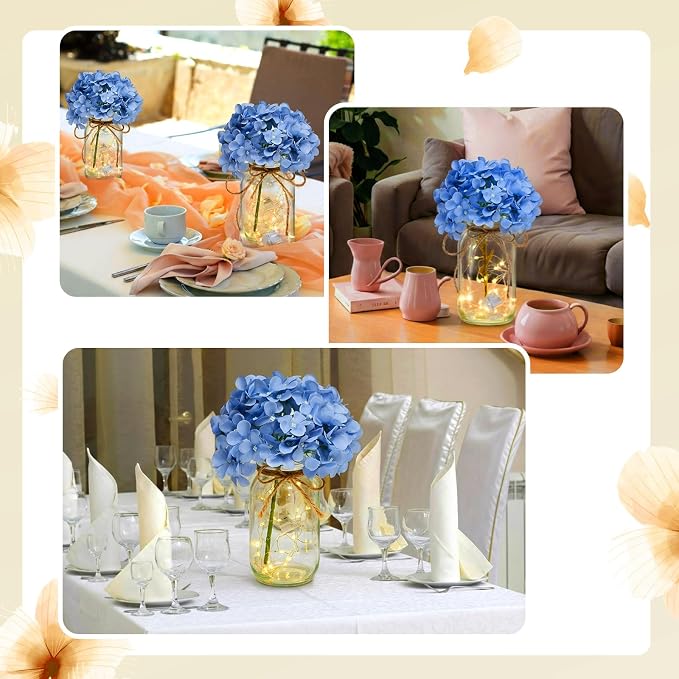 4 Sets Mason Jar Centerpiece with LED Lights and Blue Hydrangea Fake Flowers Vase for Wedding Bridal Shower Party Coffee Table Decor