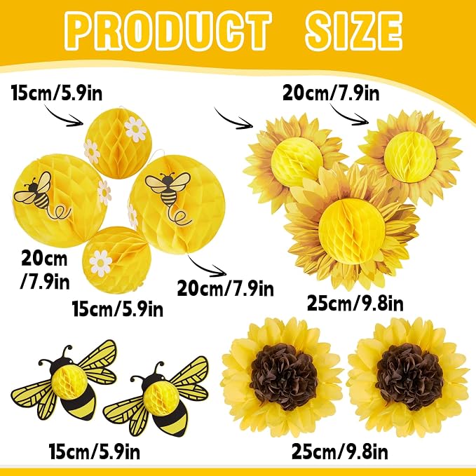 SUNBEAUTY Sunflower Party Decorations 3D Bee Honeycomb Hanging Decor Yellow Tissue Paper Flowers Birthday Yellow Sunflower Ceiling for Classroom Bulletin Board Wall Baby Shower Summer Garden Party