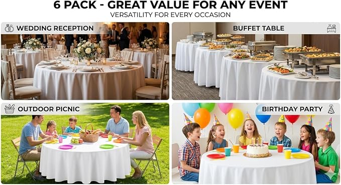 6 Pack White Round Tablecloth 90 Inch, Polyester Wrinkle Resistant Table Cloth for Wedding, Buffet, Parties and Dining