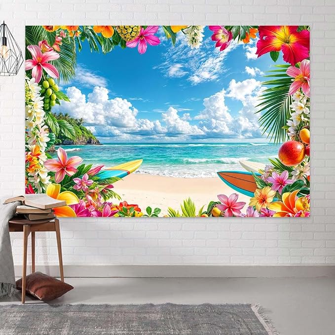 5x3ft Summer Beach Backdrop Tropical Hawaii Palm Tree Floral Photography Backdrops Blue Sea Sky Sunshine Luau Party Photo Background Wedding Bride Shower Baby Birthday Party Banner Supplies Props