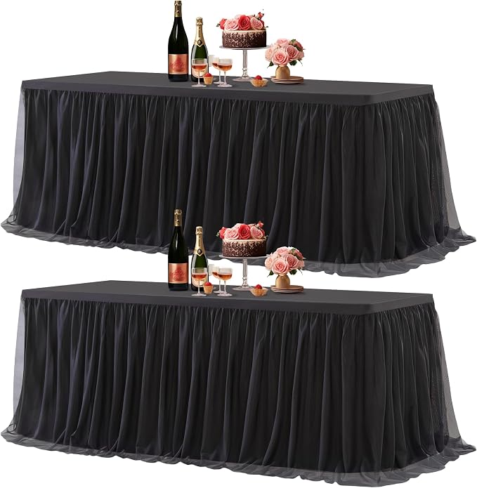 Black Table Cloth Rectangle Table Covers for 6 Foot Tables, Black Tulle Table Skirt Rectangle Table 6ft Stretch Tulle Tablecloth Skirt Fitted Elastic Banquet Party Wedding Table Cloth for 6 Foot Table