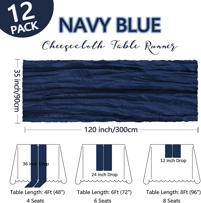 12 Pack Navy Blue Cheesecloth Table Runner 10Ft Gauze Cheese Cloth Table Runner 35x120 Inch Boho Sheer Rustic Fabric for Party Decor Baby Shower Wedding Centerpiece Home Table Decorations