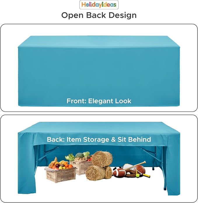HolidayIdeas 4-Pack 6ft Open Back Fitted Tablecloths for Craft Shows Teal | 3-Sided coverage wrinkle resistant tablecloths for vendor booths,banquet events,outdoor pop-up shop