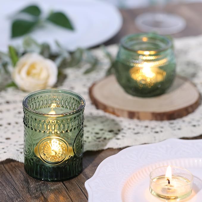 DARJEN 12Pcs Green Votive Candle Holders - Glass Tea Light Candle Holder for Wedding Shower, Candle Holder Bulks for Wedding & Home Table Decor, Vintage Parties Gifts