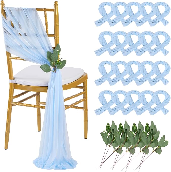 QueenDream Light Blue Chair Sashes Wedding Aisle Decorations: 16 Packs 8ft Long Draping Fabric Sheer Church Chair Cover Bulk for Baby Shower Party Banquet