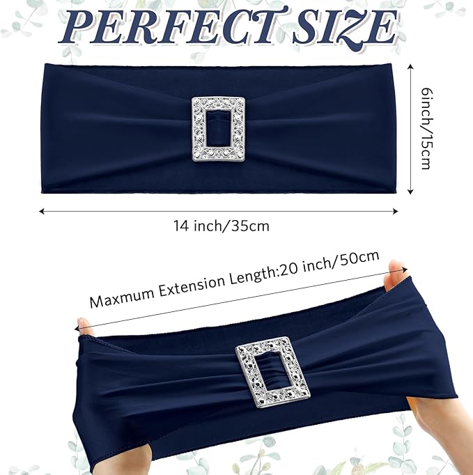 VitalCozy 150 Pcs Spandex Chair Sashes with Square Buckle Slider Stretch Chair Cover Band Universal Elastic Ties Straps Bows for Wedding Banquet Event Party Decoration(Navy Blue)
