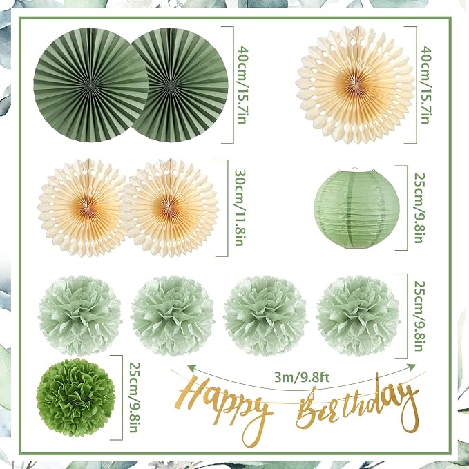 SUNBEAUTY Sage Green Birthday Decorations for Women Green Tissue Pom Poms Paper Lanterns Party Decorations Happy Birthday Banner Sage Green Paper Fans for Spring Garden Party Wedding Bridal Shower