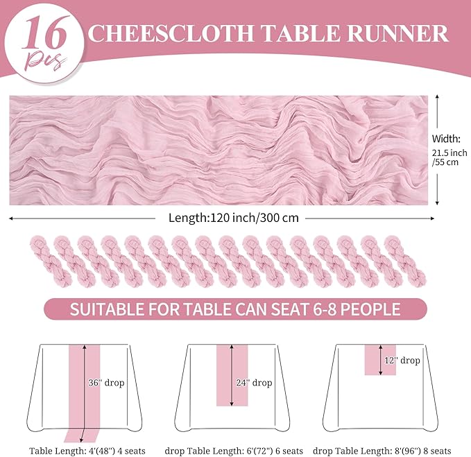 16 Pack 10Ft Cheesecloth Table Runner Light Pink, 20 x 120 Inch Rustic Gauze Boho Cheese Cloth Table Runners Wedding Long Table Runner for Wedding Party Bridal Shower Table Decoration