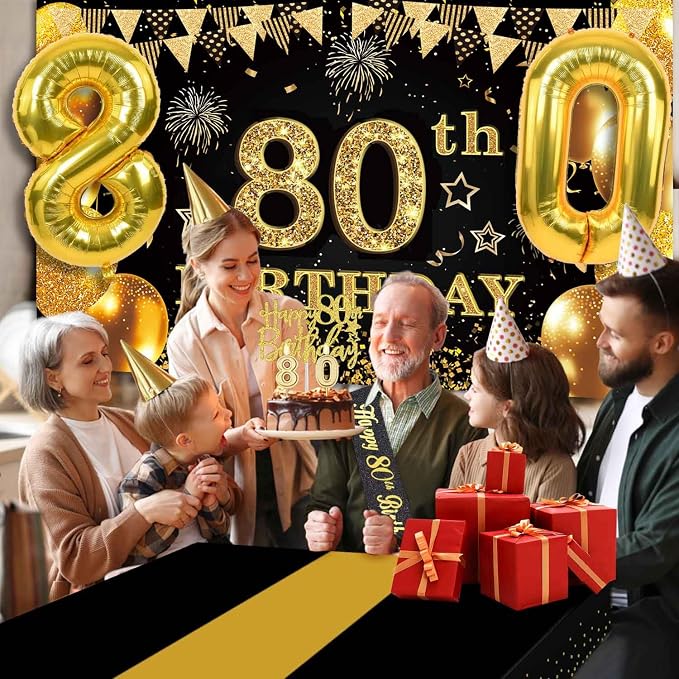 80th Birthday Decorations Men Women with 80th Birthday Banner, Black and Gold Table Cloth, Number Balloons, Large Sash, Cake Topper and Candles