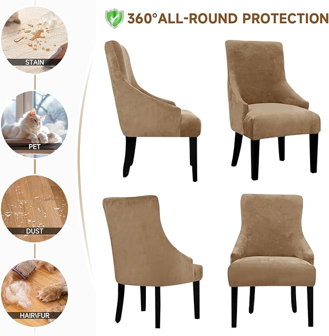 Velvet Wingback Dining Chair Cover Soft Stretch Accent Chair Cover Slipcover Thick Plush Wing Back Chairs Covers Furniture Protect Washable Chairs Protector Covers for Dining Room (Brown, 2)