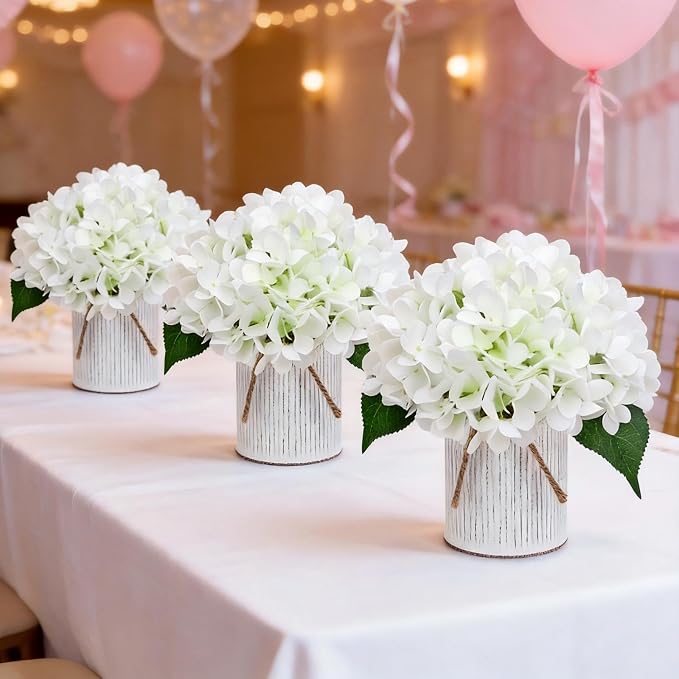 Flower Table Centerpieces - Set of 6 Floral Arrangement Artificial Wedding Hydrangeas Floral Arrangement with Rustic Metal Vase for Bridal Tea Party Event Decorations - Ivory White