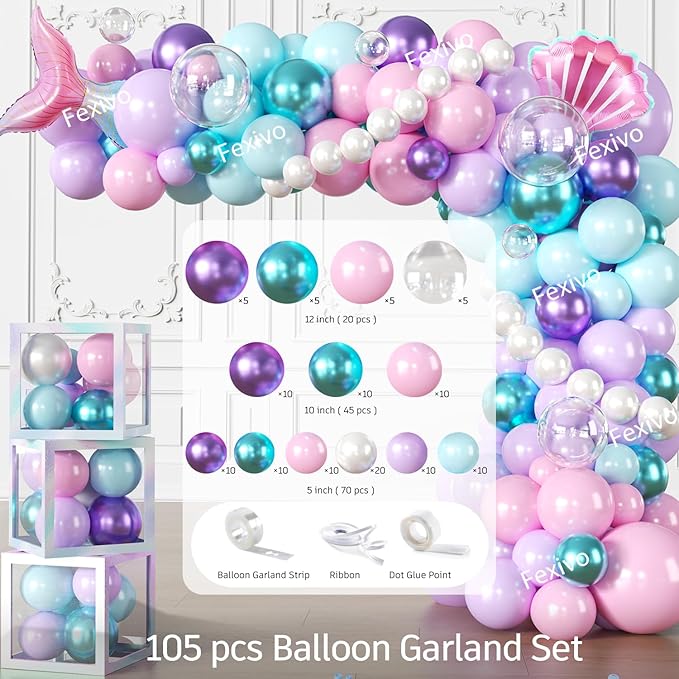 295Pcs Mermaid Birthday Decorations Serve 25, Mermaid Party Decorations Include Balloon Garland Arch, Plates, Tablecloth, Cake Topper, Cupcake Stand, Cupcake Toppers, for Under The Sea Party
