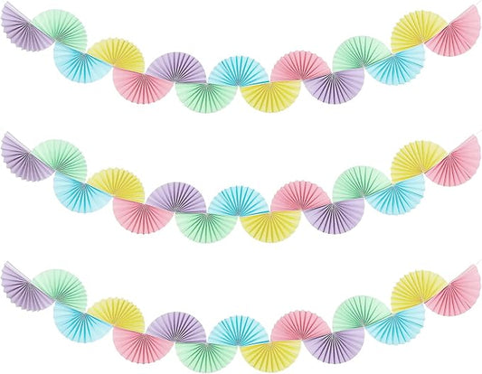 3 Pack Wedding Paper Fans Garland 15.6ft Colorful Background Ceiling Hanging Decorations Paper Garland Decorations Set for Birthday Party Supplies 3D Bachelorette Party Decorations (Pastel)