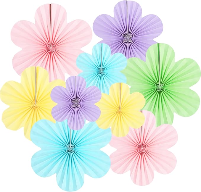 DODOKIM Paper Fans Party Decorations Paper Flowers Decorations for Wall Floral Backdrop Classroom Baby Shower Birthday Party Flower Wall Decor Pack of 9 Rainbow