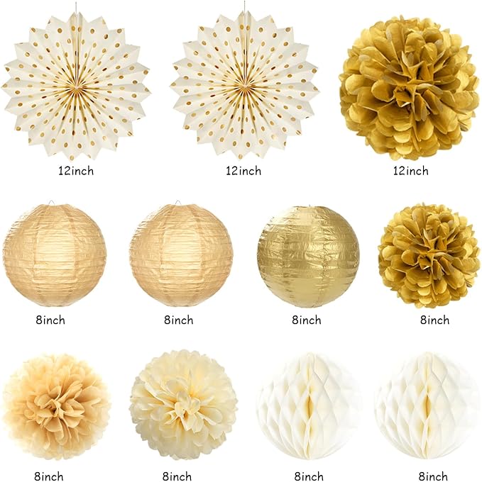 Beige-Gold Happy Retirement Party Decorations Banner Women Men Huglony | 21pcs Retiree Farewell Banner,Streamers,Paper Lanterns,Pom Poms Fans,Work Teacher Retirement Supplies Backdrop Favors