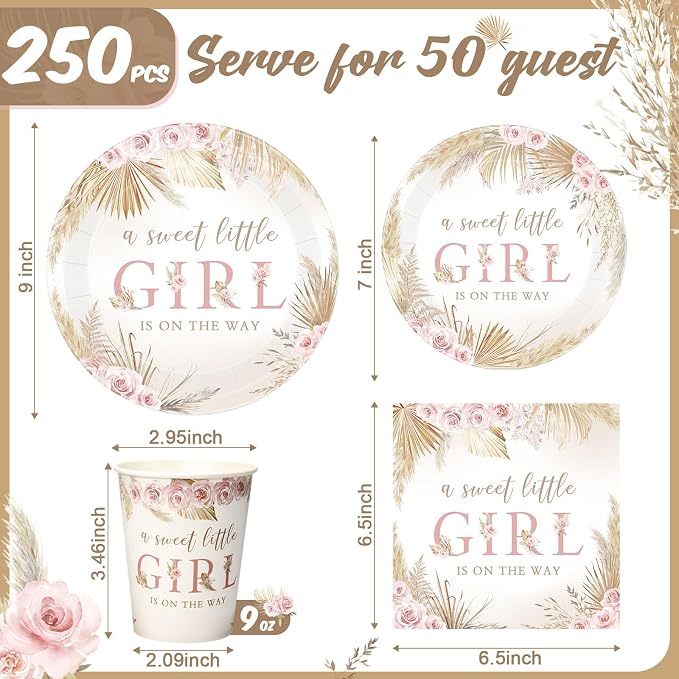 Funnymoom 250 Pcs Boho Baby Shower Decorations for Girls Pink Floral Baby Shower Plates Napkins and Cups a Sweet Little Girl Is on the Way Pink Flower Spring Birthday Party Supplies, Serve 50 Guests