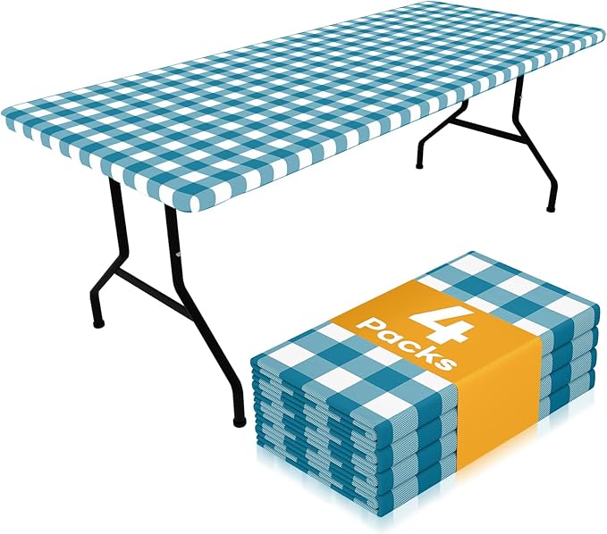 Smiry Picnic Table Cloth 4 Pack, Waterproof Elastic Fitted Tablecloths for 8FT Rectangle Tables, Washable Polyester Buffalo Plaid Tablecloth for Camping & Outdoor (Turquoise & White, 30" x 96")