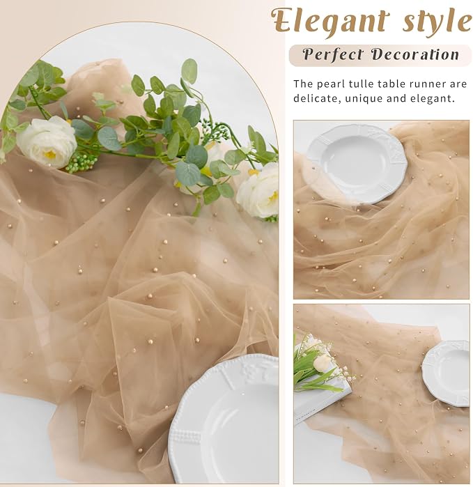 Set of 6 Pearl Table Runner 29 x 120 Inch Tulle Fabric Lace Table Runners for Bridal Shower Birthday Party Wedding Arch Dessert Table Decor(Nude)