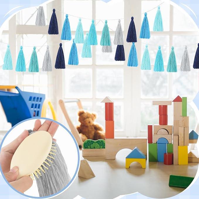 WILLBOND 4 Pcs Rainbow Tassel Garland Party Decorations, Colorful Boho Wall Hanging Banner for Classroom Decor, Back to School Birthday Wedding Baby Shower Nursery Home(Blue Gray,6.3 Inch)