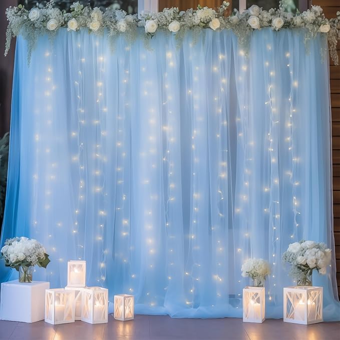 10ft x 8ft Blue Backdrop Curtain with Lights String for Parties, Sheer Tulle Wedding Photo Backdrops Drapes for Baby Shower Birthday Party Decorations Background for Photography