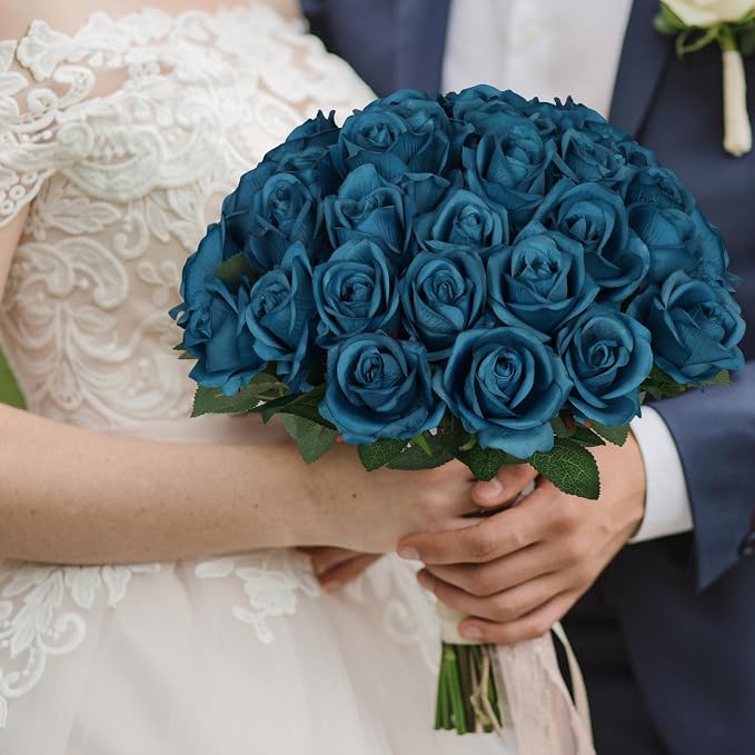 90pcs Teal Roses Artificial Flowers, Fake Velvet Silk Rose Bulk Faux Flower for Decoration DIY Wedding Centerpieces Proposal Bridal Bouquets Shower Party Home Floral Decor