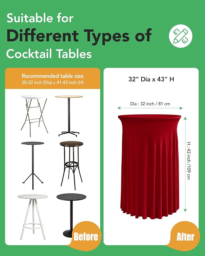 KeyWave Cocktail Table Tablecloth with Skirts - 32x43 Inch Wavy Spandex High Top Cocktail Table Covers, Ruffle Drape Highboy Tablecloth Reusable for Party Wedding Cake Standing Table, Red, 6 Pack