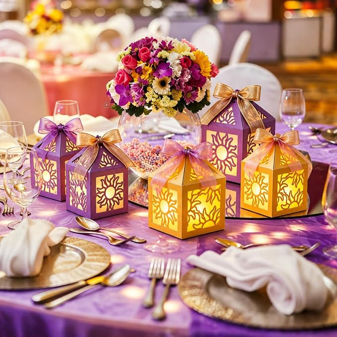 16 Set Sun Lantern Centerpieces with LED Candles and Ribbon, Elegant Paper Lanterns Table Decor for Princess Girls Birthday Party Wedding Festival Decorations (8 Gold + 8 Purple)
