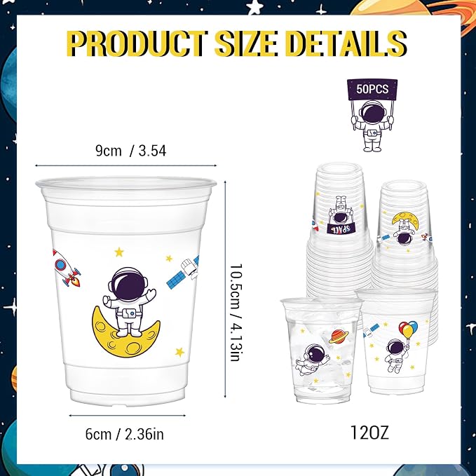50Pcs Space Party Cups, 12 oz Space Clear Plastic Cups for Outer Spacer Party Decorations Birthday Baby Shower Supplies Favors