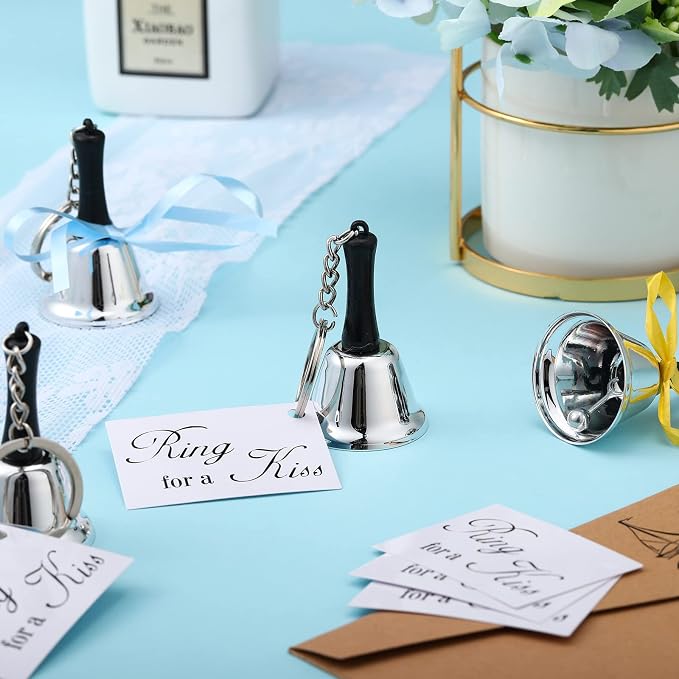 Lounsweer 24 Set Wedding Bells Bulk Ring for a Kiss Bells with Tags Mini Kissing Bells for Wedding Reception Decorations Goody Bags Party Supplies(Silver Color)