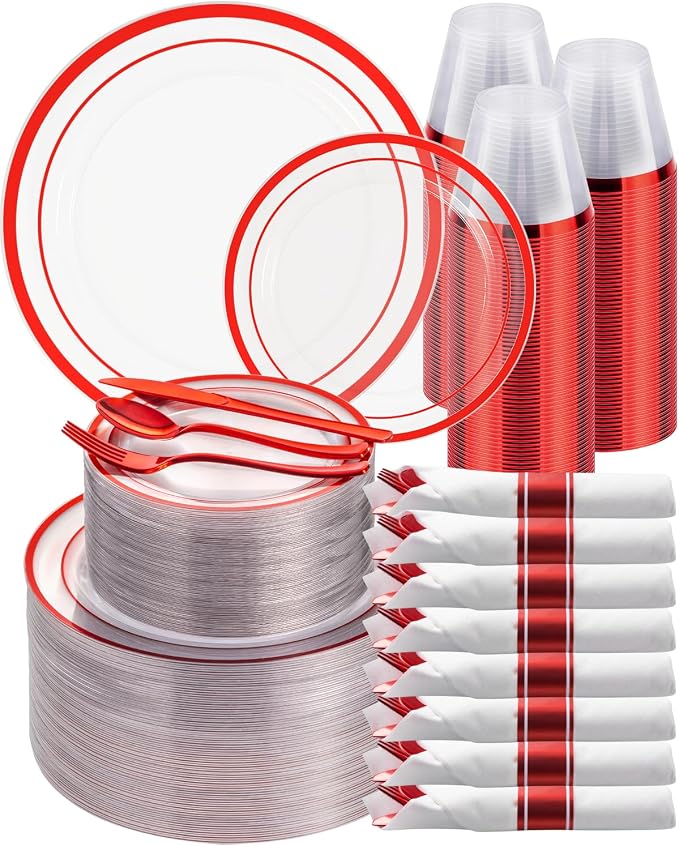 Goodluck 700 Pcs Red Plates and Napkins Party Supplies, Clear Plastic Plate | Include 200 Plates, 100 Pre Rolled Napkins with Silverware, 100 Cups for 100 Guests for Party, Christmas, Graduation, Wedding