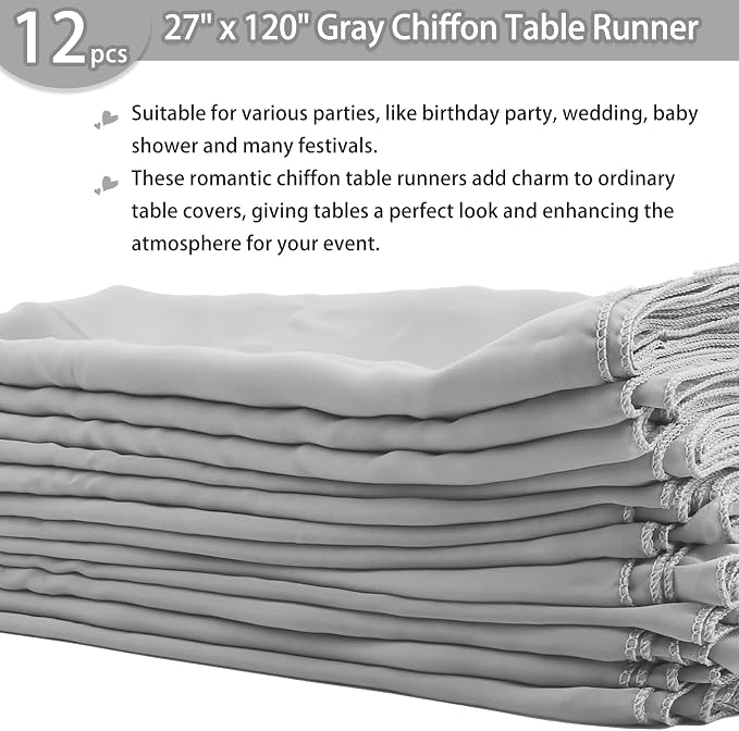 Fivenl 12 Pack Chiffon Table Runner - 27 x 120 Inches Sheer, Romantic for Wedding, Birthday, Party & Shower Decoration (Gray)