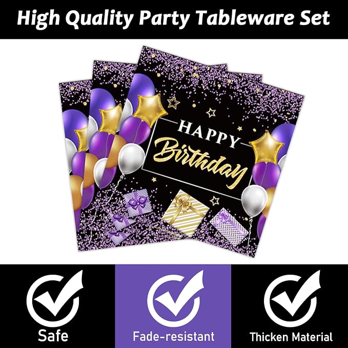 gisgfim 50 Guests Purple Birthday Party Supplies Purple and Black Plates and Napkins Forks Happy Birthday Tableware Paper Plates for Women Girl Party 200PCS