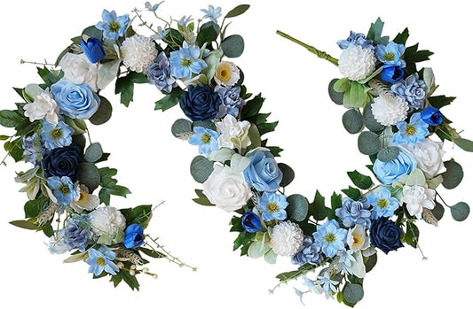 Flower Garland Decorations, 6Ft Blue Flowers Rose Garland, Artificial Eucalyptus Greenery Vines with Floral for Mantle Wedding Arch Porch Window Indoor Decor Home Decoration