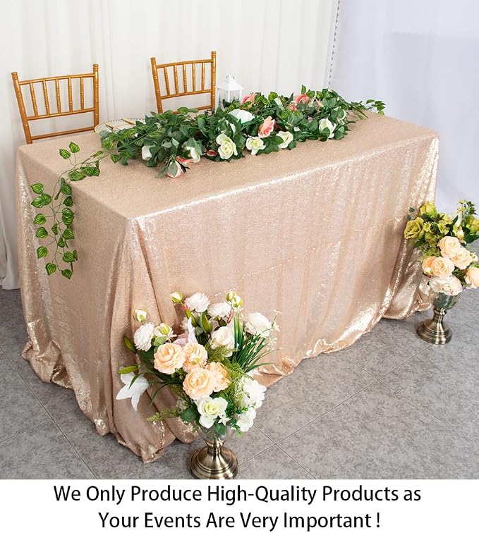 ShiDianYi Rectangle Tablecloth Champagne Sequin Tablecloth 90x132-Inch Sequined Table Cover Overlay for 6FT Table Champagne Blush Sequin Tablecloths Glitter Tablecloth for Party/Wedding/Baby Shower
