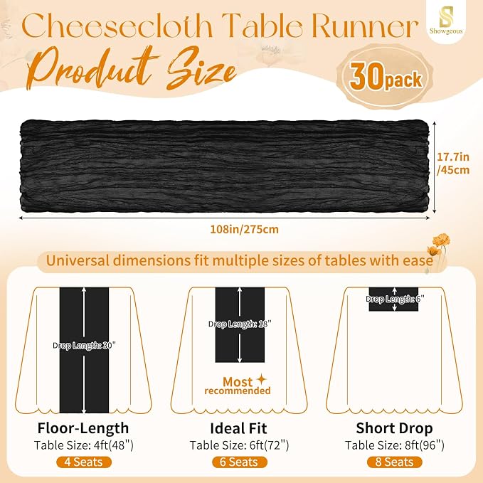 30 Pack Black Cheesecloth Table Runner 17 x 108 inch Boho Gauze Table Runner Rustic Sheer Cheese Cloth Table Decorations for Wedding Party Baby Bridal Shower Birthday Holiday Home