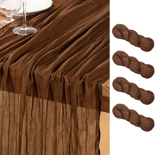 DeZerlor Brown Cheesecloth Table Runner 4 Pack Spring Easter Table Runners Boho Gauze 120 Inches Marron Cheese Cloth Table Decor for Wedding Bridal Baby Shower Parties