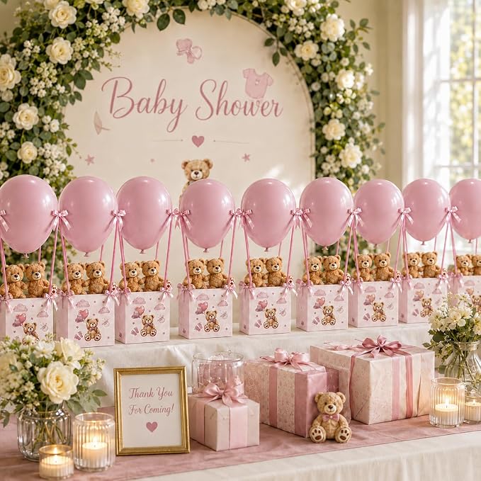 Cinrobiye 12 Sets Teddy Bear Baby Shower Centerpieces for Tables, Bear Favor Boxes with Balloons, Ribbons Paper Straws, DIY Table Decorations for Gender Reveal, Baby Shower, Birthday Party Supplies