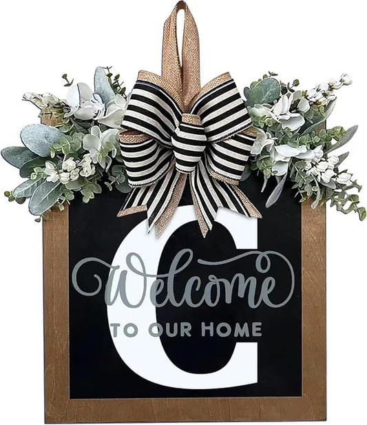 Last Name All Year Round Front Door Wreath with 26 Initial Letter Welcome Sign All Seasons Eucalyptus Garland and Bow ，Farmhouse, Porch, for Spring Summer Fall All Seasons Holiday Halloween Christmas.（C）