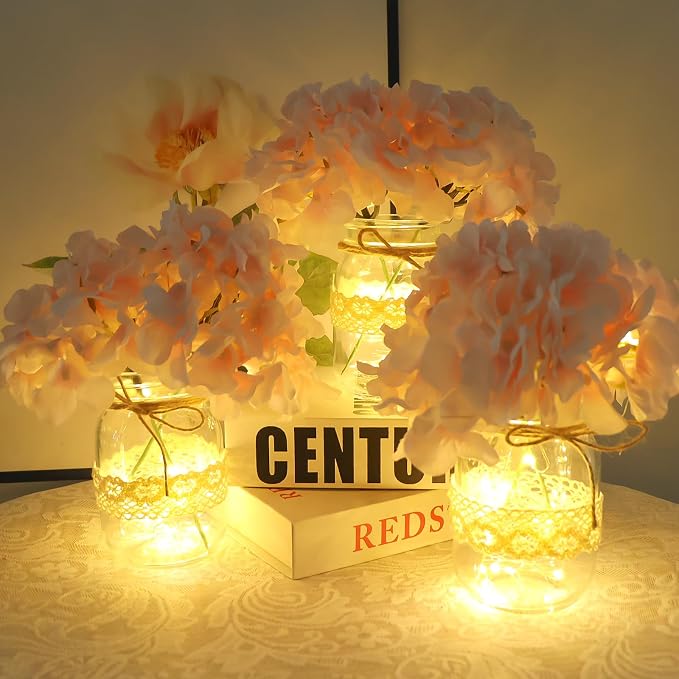 Mason Jar Table Centerpiece Set of 3 with Lights Pink Hydrangea artificial Flowers for Engagement Party Bridal Shower Centerpieces Wedding Christmas Thanksgiving Party Reception Table Decor