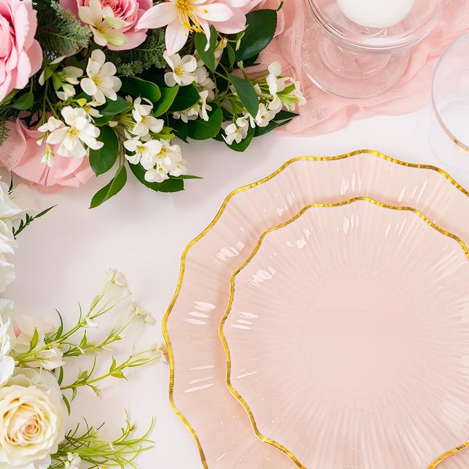 U-QE 175PCS Pink Gold Plastic Plates - Disposable Dinnerware Set for 50 Guests - Pink and Gold Plates and Napkins Party Supplies include 50 Plates, 25 Per Rolled Napkins with Gold Cutlery, 25 Cups